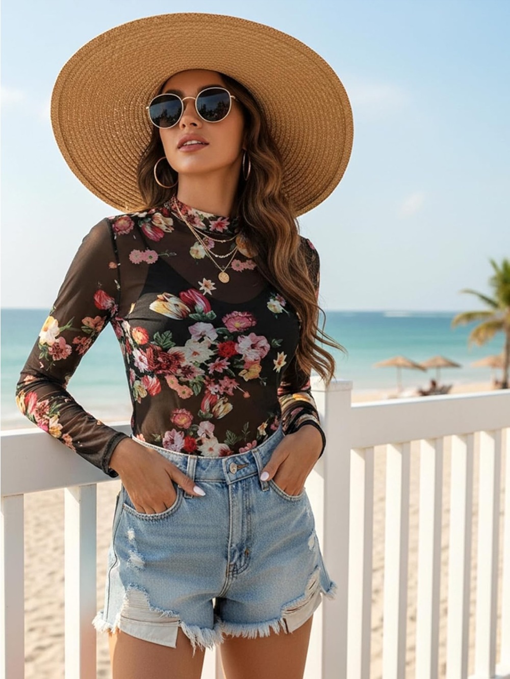 Black Floral Sheer Long-Sleeve Top - Pink Floral